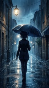 Narancia Ghirga geht im Regen weg, Silhouette unter einer Straßenlaterne.