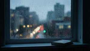 Lluvia en una ventana con luces borrosas y un libro en el alféizar.