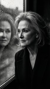 Et stemningsfuldt sort-hvidt portræt af Meryl Streep, der kigger gennem et regnvindue.