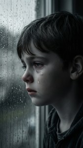 Profilo di ragazzo triste che guarda fuori da una finestra con la pioggia in scala di grigi.