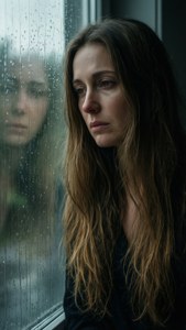 A sad woman gazing out at a rainy day, emotions mirrored