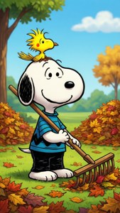 Snoopy raker løv med Woodstock.
