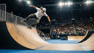 A professional skateboarder jumping off a ramp in a lit stadium with blurred crowd.