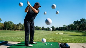 Rocco Mediate øver sit sving på driving range med bolde flyvende.