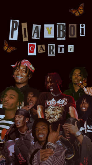 Playboi Carti collage with butterflies and bold text on dark background. — Rap Collage Picture