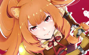 Anime girl with orange hair and fox ears holding a sword with a bright red background. — Raphtalia Wallpaper