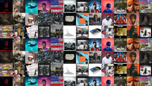 En mosaik av färgglada musikalbumomslag med olika artister och stilar. — Future Rapper Bilder