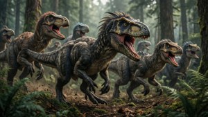 Cinematic wallpaper of a raptor pack hunting in a misty forest from Ark.