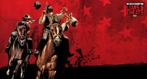 Två beväpnade cowboys till häst i en röd stjärnbakgrund från Red Dead Redemption.