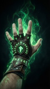 Nahaufnahme von Eredins Hand, die in einer dunklen Leere grün leuchtet.