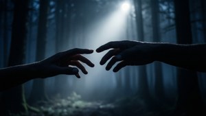 Biografisk tapet af to hænder, der næsten rører hinanden i en tåget skov.
