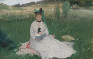 Reading by Berthe Morisot, created 1873, in oil on canvas. Download this artwork as a high-resolution wallpaper for desktop, tablet, or mobile. — Art Picture