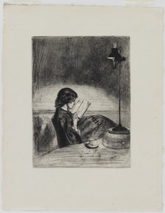 Reading by Lamplight by James McNeill Whistler, created 1858, in Etching and drypoint; ink on paper. Download this artwork as a high-resolution wallpaper for de — Art Wallpaper