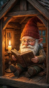 En tomte som läser en bok i ett mysigt trähus.