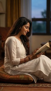 Rani Mukerji läser en bok i vit kurta, fridfull.