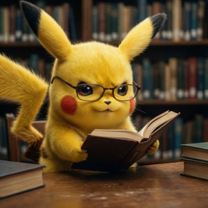 En intellektuell Pikachu som leser i et bibliotek