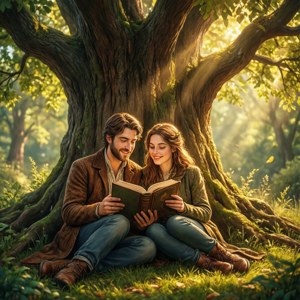 Storybook illustration of couple reading under tree