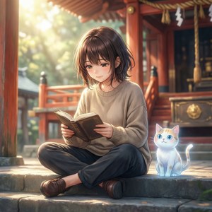 Miko legge pacificamente mentre un simpatico gatto fantasma le fa compagnia, mescolando orrore e calma.