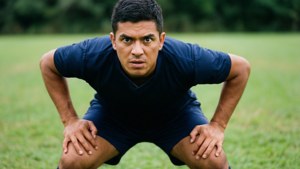 Ilie Sanchez gehurkt en klaar voor actie op het veld.