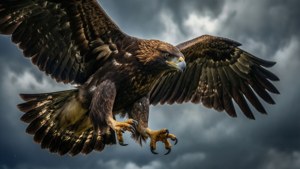 Hyper-realistic Mexican eagle in flight with dramatic lighting and stormy clouds.