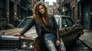 Toni Garrn poseeraa vintage-auton kanssa karussa kujassa.