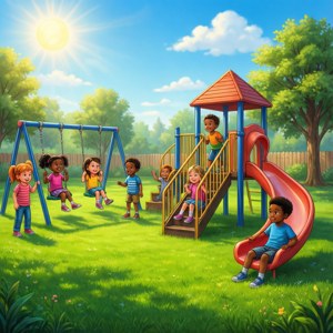 Anak-anak kelas 5 menikmati aktivitas taman bermain saat istirahat.