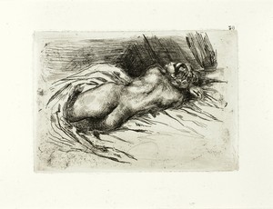 Reclining Nude, Back View by Eugène Delacroix, created 1833, in Etching on ivory laid paper. Download this artwork as a high-resolution wallpaper for desktop, t — Illustration Background