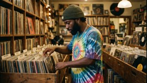 Hip Hop Harry bladrer gennem vinylplader i en hyggelig gammeldags pladebutik.