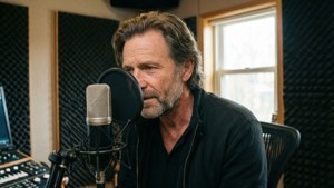 Candid foto av Michael Mayer i en inspelningsstudio med mikrofon