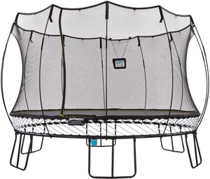 Large black trampoline with safety net and control panel