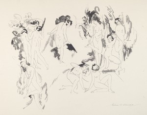 Recurrence by Arthur B. Davies, created 1921, in lithograph with lithotint in black on wove paper. Download this artwork as a high-resolution wallpaper for desk — Art Picture