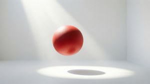 En minimalistisk high-key produktstil wallpaper af Boneworks røde bold, der flyder i et hvidt tomrum med sollys.