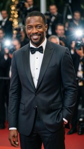 Anthony Mackie in a suit on the red carpet with camera flashes.
