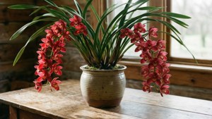 Blooming red orchids in a ceramic pot on a wooden table by a window. — Orchids Wallpaper