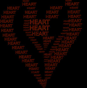 A glowing orange heart made of repeated text on black background — Heart Pattern Wallpaper