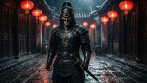 Mørk noir wuxia-scene av maskert sverdkjemper i regnvåt bakgate med røde lykter