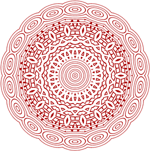 Red geometric mandala with intricate patterns on black background