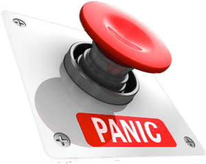 Red panic button with white label mounted on a white panel. — Panic PNG