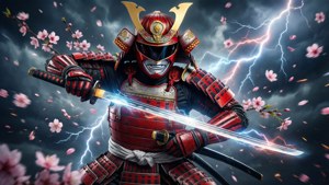 Seorang power rangers samurai dramatis dalam baju besi merah dengan katana bercahaya di bawah langit badai.