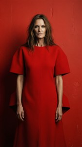 Helena Christensen in een rode jurk tegen een rode muur, gedurfd en minimalistisch