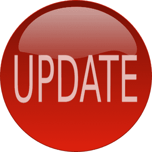 A red glossy button labeled update for digital interfaces.