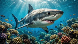 Kenny the Shark sukeltamassa värikkäällä koralliriutalla.