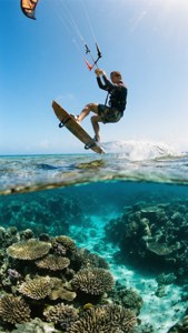 Kitesurfare hoppar över ett korallrev med kristallklart vatten.