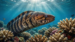 A graceful viper moray eel swimming through a sunlit coral reef. — Viper Moray Wallpaper