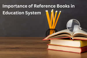 Stack of books with magnifying glass and pencils on wooden desk. — Reference Wallpaper