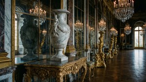 En tapet af en Girardon marmorvase reflekteret i Spejlsalen i Versailles, med dramatisk belysning.