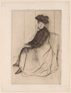Reflection by Mary Cassatt, created c. 1890, in Drypoint in brown ink on ivory laid paper. Download this artwork as a high-resolution wallpaper for desktop, tab — Illustration Wallpaper