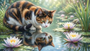 Seekor kucing calico menatap bayangannya di kolam dengan bunga lili air, ilustrasi yang damai.