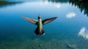 Top-down view of hummingbird flying over blue lake with reflections