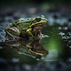 Uma rã Hyla contemplando seu reflexo em uma poça.